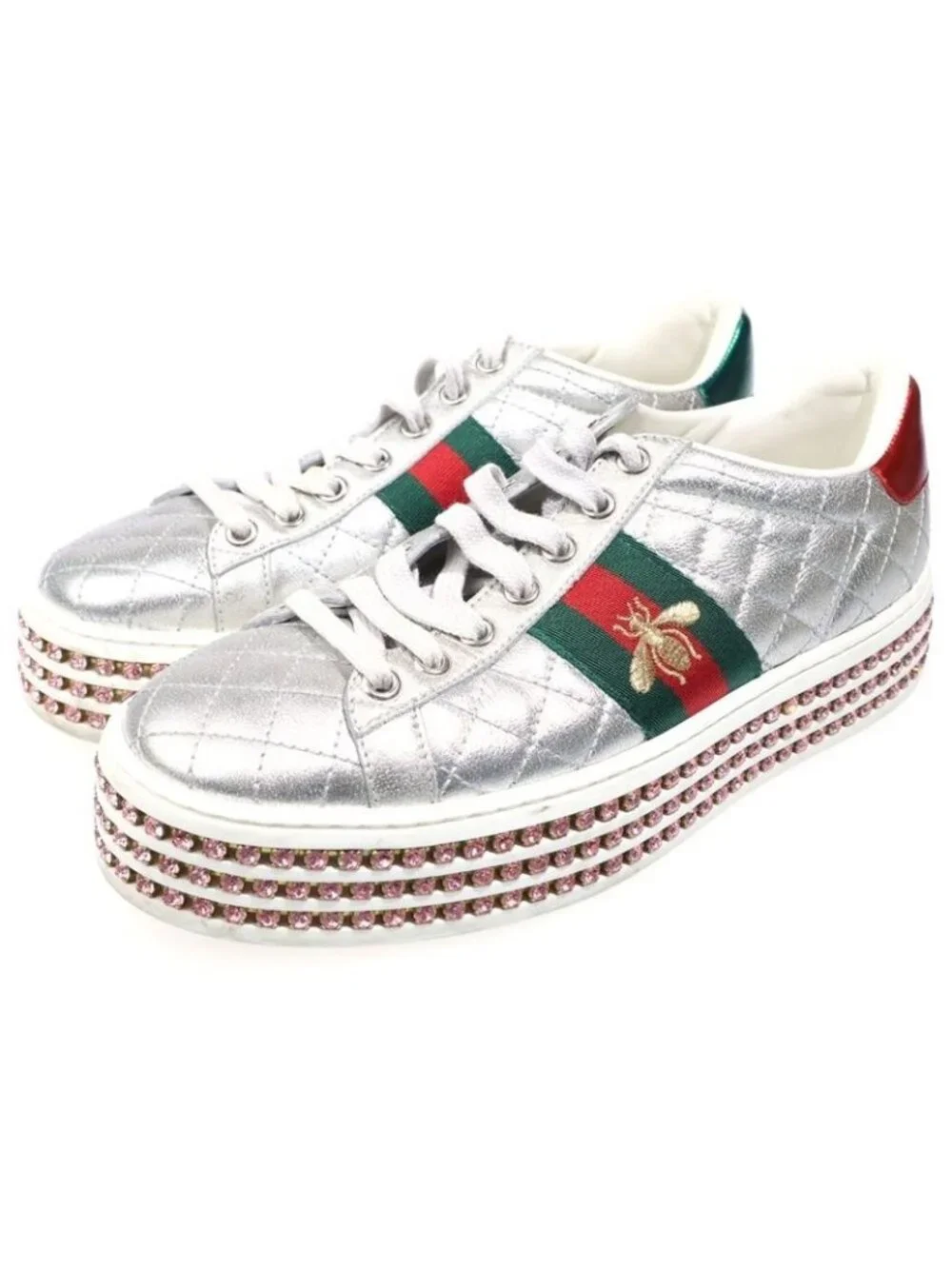 Gucci Ace Embroidery Sherry Line Rhinestone Sneakers Silver 361 2 - Picture 2 of 6